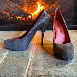 Luxury Rebel leather platform stilettos. Crocodile print